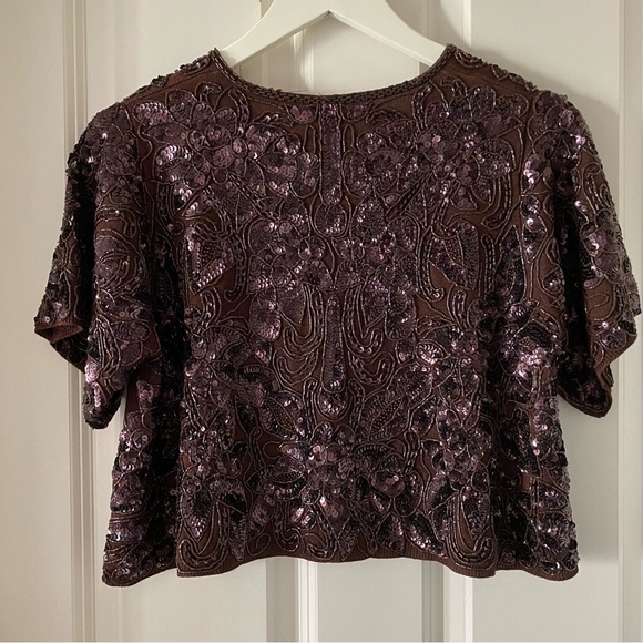 DKNY 100% SILK Vintage Embroidered Beaded Brown Mini Sweater Coat - Picture 3 of 6